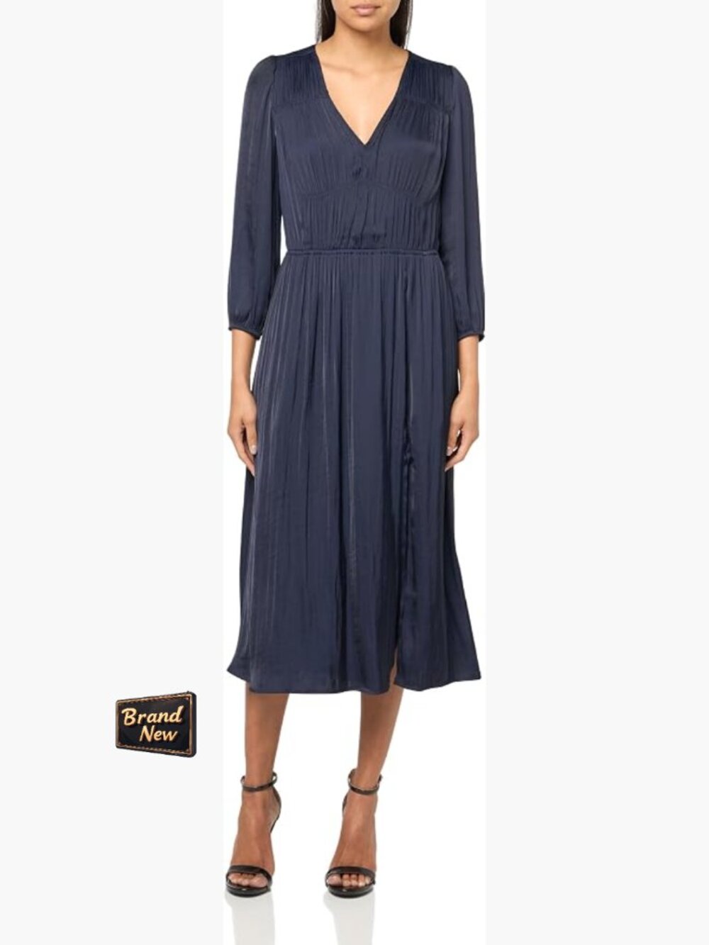 A-Line V-Neck Midi Dress with 3/4 Sleeves - Casual & Flattering